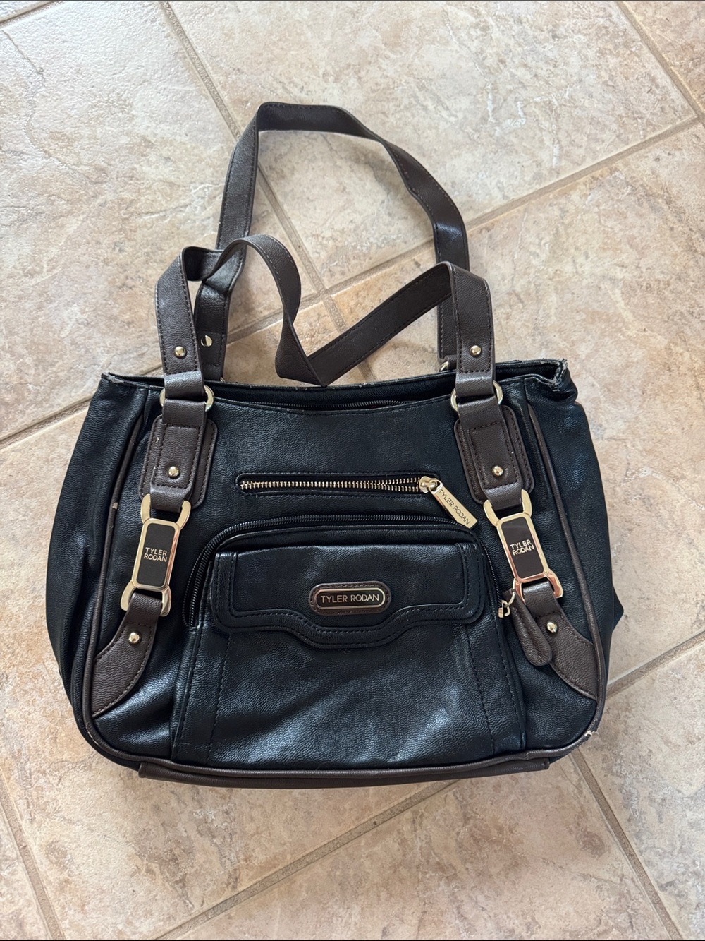 Tyler Rodan Black Shoulder Bag with Dark Brown Accents
